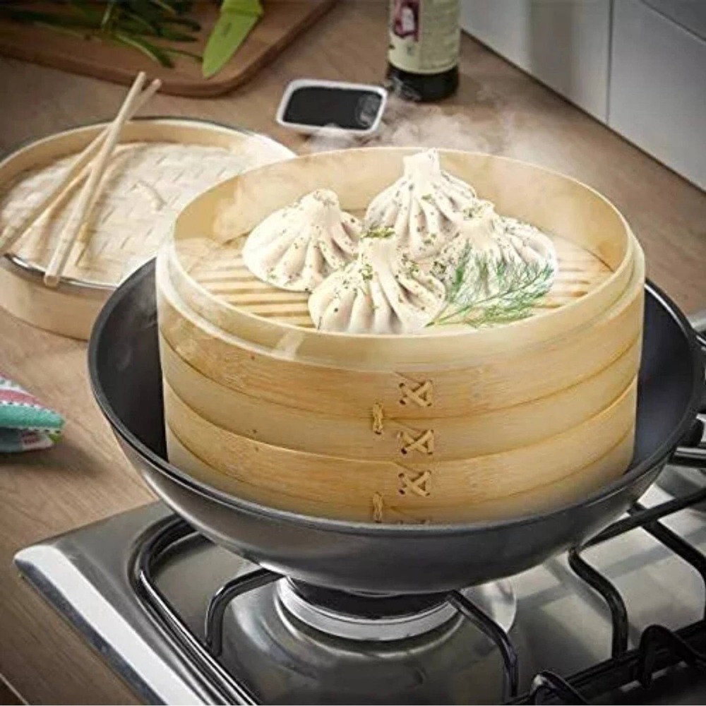 Traditional 10 Inch Bamboo Steamer Basket 2 Tier for Dumplings Buns Vegetables - Picture 10 of 11